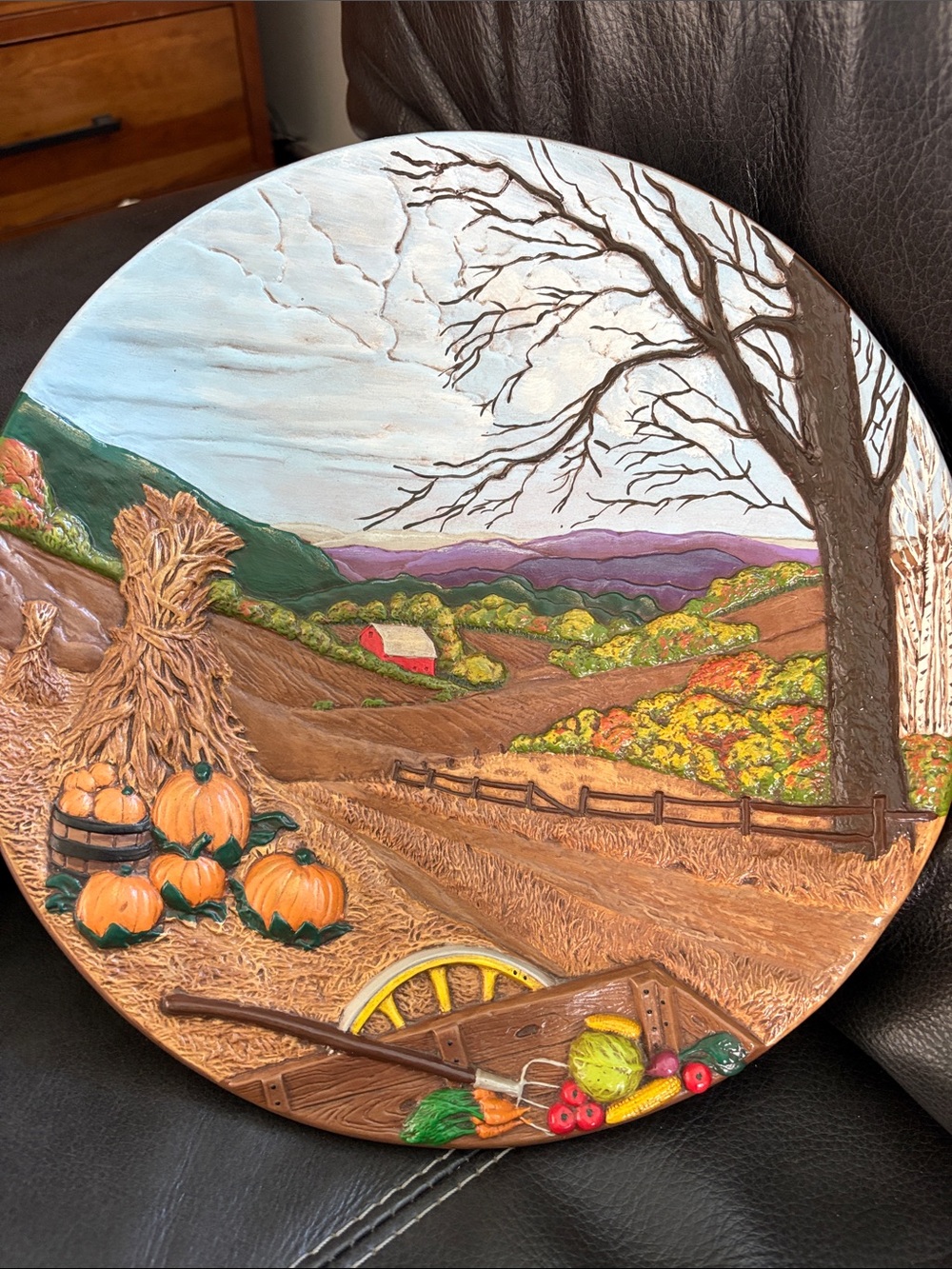 Vintage 70s chalk ware autumn Harvest Round Wall Art - Fall Landscape